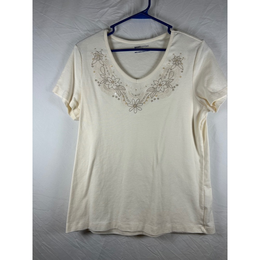Basic Editions Cream Floral Embroidered V-Neck Short Sleeve T-Shirt Women Large